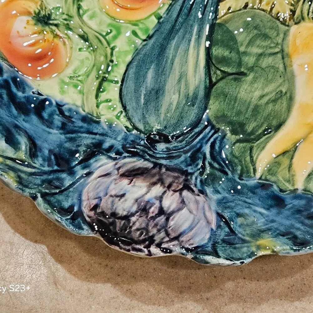 ANTIQUE RS REGAL SANEJOUAND FRENCH MAJOLICA POTTERY LEAF VINE VEGETABLE PLATE